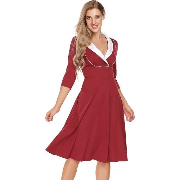 ❤️ Pinup Retro Vintage 1950s Collar Cleavage Vintage Rockabilly Red Dress NWT - Picture 5 of 13